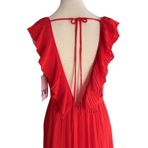 ZARA ORANGE GORGEOUS PLEATED CHIFFON MAXI DRESS WITH OPENED BACK, SZ. M, NWT - Picture 5 of 12